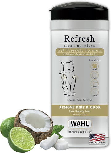 Wahl Refresh Cleaning Wipes, Coconut Lime Verbena For Cats - 50 Count - Pet Grooming