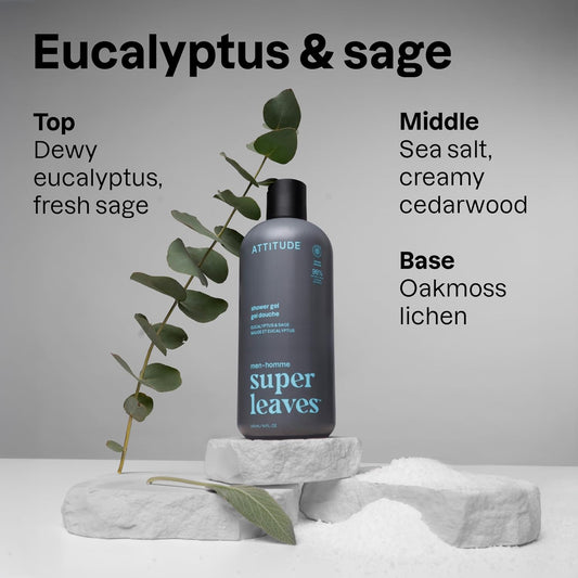 Attitude Shower Gel Body Wash For Men, 98% Natural Origin Ingredients, Paraben & Phthalate Free, Ewg Verified, Cleanses Without Drying, Matcha & Bergamot, 14 Fl Oz