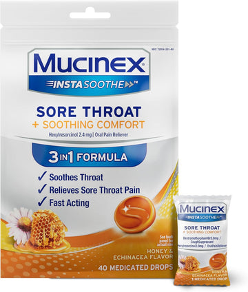 Mucinex Instasoothe Sore Throat Relief Drops, Sore Throat Lozenges, Sore Throat Medicine With Hexylresorcinol, Cough Drops Alternative, Honey & Echinacea Flavor Medicated Numbing Throat Drops, 40 Ct