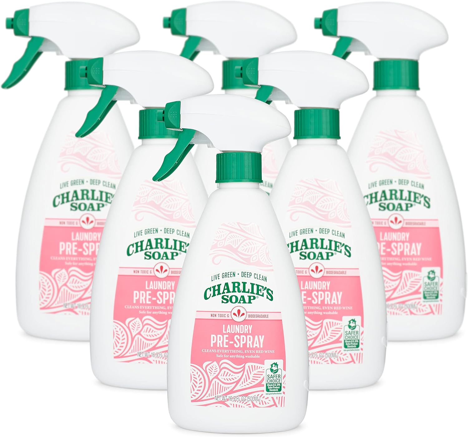 Charlie’s Soap Laundry Pre-Spray (16 Fl. Oz., 6 Pack) Natural Laundry Pretreat and Stain Remover – Powerful and Eco-Friendly