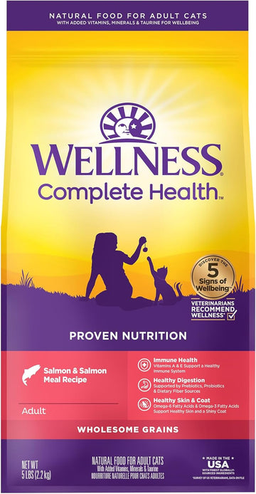 Wellness Complete Health Natural Dry Cat Food With Wholesome Grains, Made In Usa With Real Meat (Adult, Salmon & Salmon Meal Recipe, 5-Pound Bag)