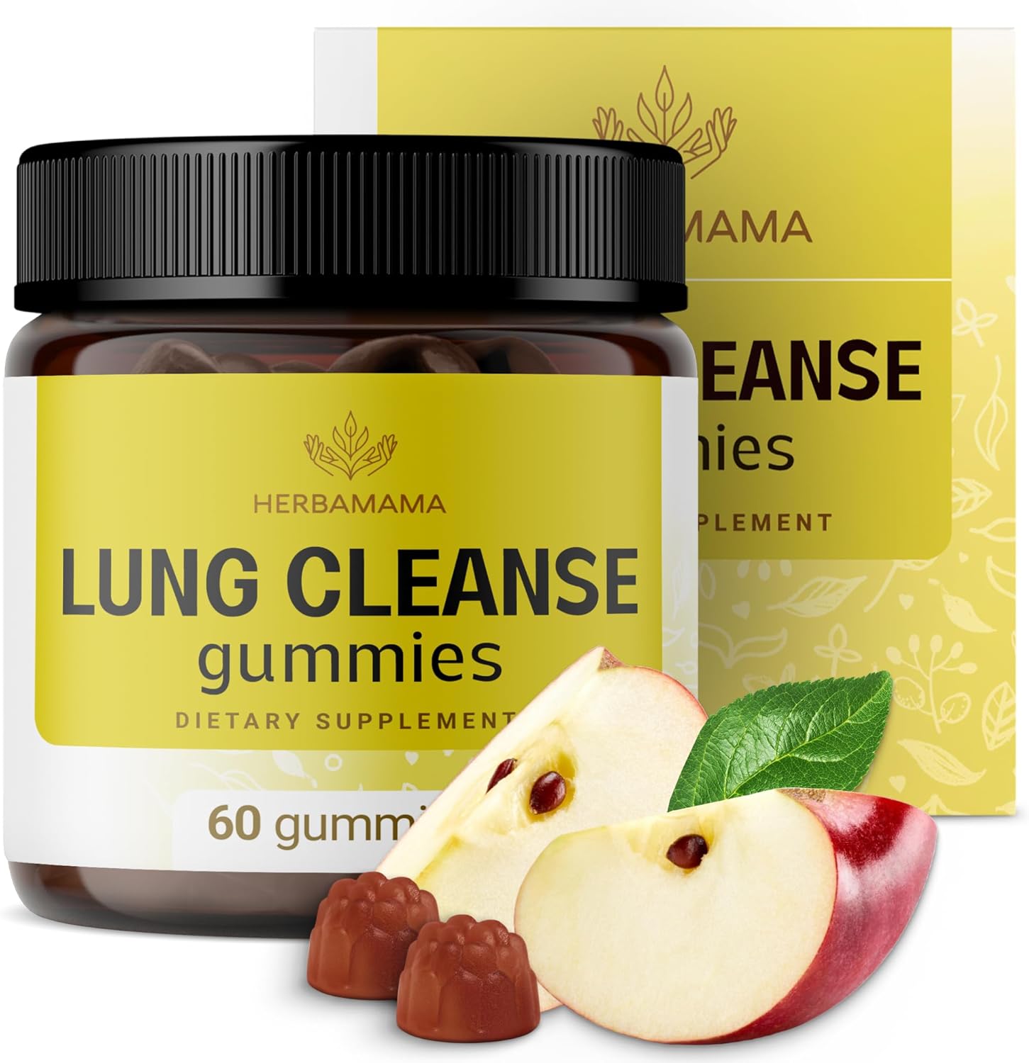 Herbamama Lung Detox Gummies - Herbal Complex With Mushroom Blend For Lung Cleanse And Respiratory Support - Vegan, Gelatin-Free, Non-Gmo - 60 Apple-Flavored Lung Health Chews