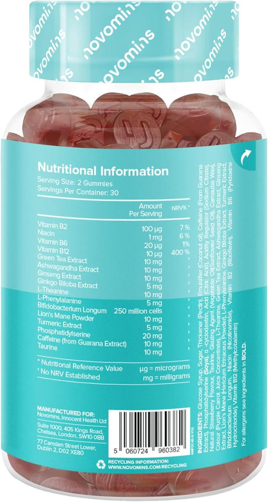 Focus Gummies - Ashwagandha, Lions Mane, Gingko Biloba, Vitamin B12 & Caffeine - 1-Month Supply - Focus, Memory & Energy Support - Gluten-Free Nootropics & Mushrooms - 60 Gummies - Novomins