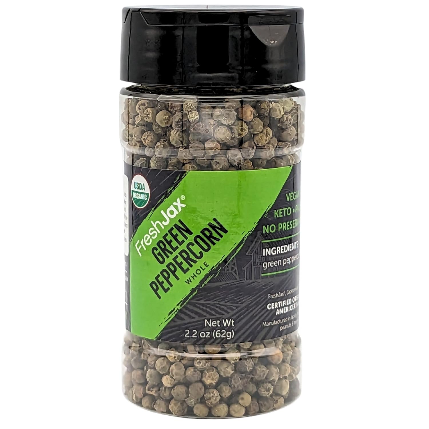 FreshJax Organic Whole Green Peppercorn (2.2 oz Large Bottle) Non GMO, Gluten Free, Keto, Paleo, No Preservatives Organic Green Peppercorn | Handcrafted in Jacksonville