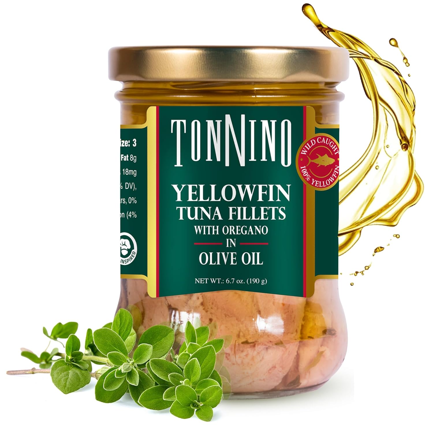 Tonnino Tuna Fillets Low Calorie and Gluten Free Yellowfin Jarred Premium Tuna with Oregano in Olive Oil 6.7 oz (Pack of 6)