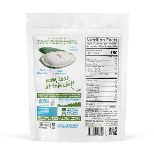 Blue Stripes Hazelnut Butter Chocolate Covered Whole Cacao Beans, 3.5 Oz