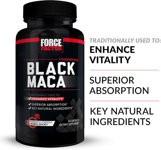 FORCE FACTOR Black Maca Root, 3-Pack, Vitality Supplement for Men with Superior Absorption and Power, Natural Maca Negra Extract, Fundamentals Series, 1000mg, 180 Capsules