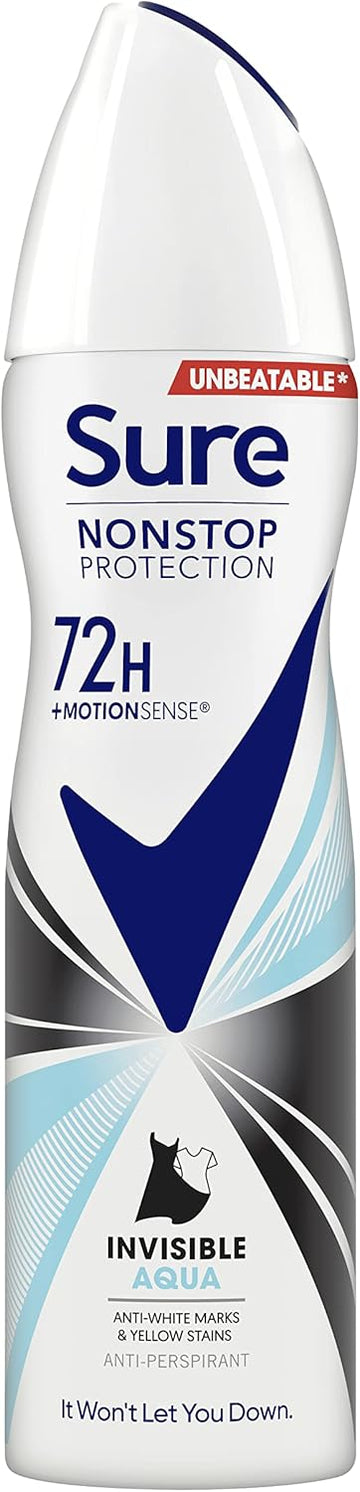 Sure Invisible Aqua Nonstop Protection Deodorant Spray That Protects Against White Marks And Yellow Stains Anti-Perspirant Deodorant Aerosol 72H Protection Against Sweat And Odour 150 Ml