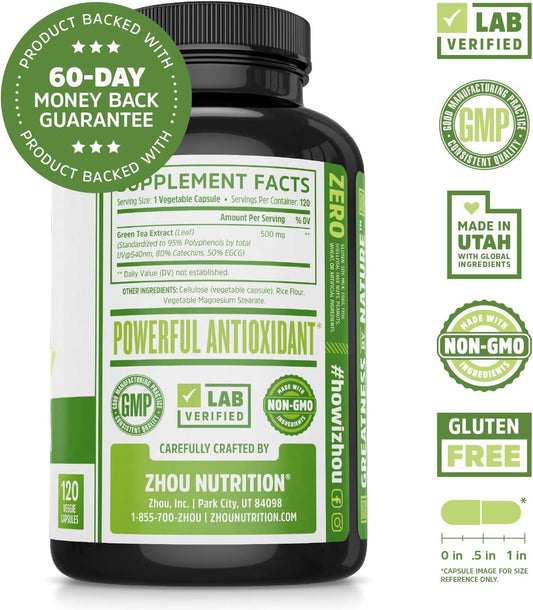 Zhou Green Tea Extract Capsules with EGCG, Natural Energy, Mental Focus, Immune Health, Antioxidant and Heart Support, Non-GMO, Vegan, Gluten Free, 120 Capsules