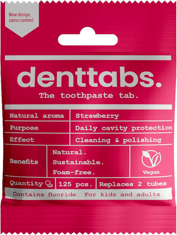 Denttabs Strawberry Teeth Cleaning Tablets With Fluoride – Pack Of 125, Natural Toothpaste Tablets For Adults & Kids, Vegan & Eco-Friendly, Cavity Prevention