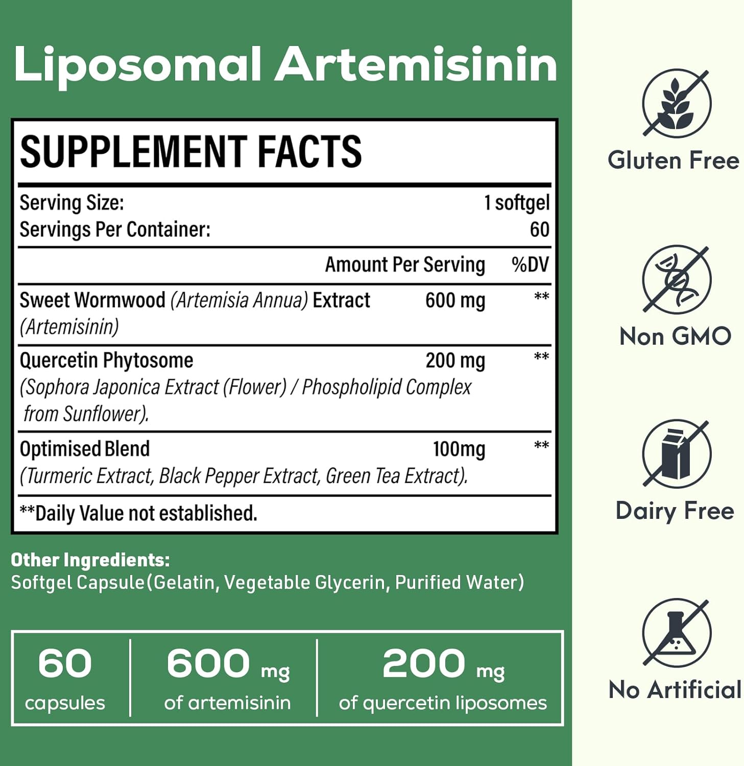 Osasuna 600 mg Liposomal Artemisinin for Maximum Absorption, Sweet Wormwood Extract(Artemisia Annua) with Quercetin Phytosome 200 mg, 60 Softgels - 2 Months Supply : Health & Household