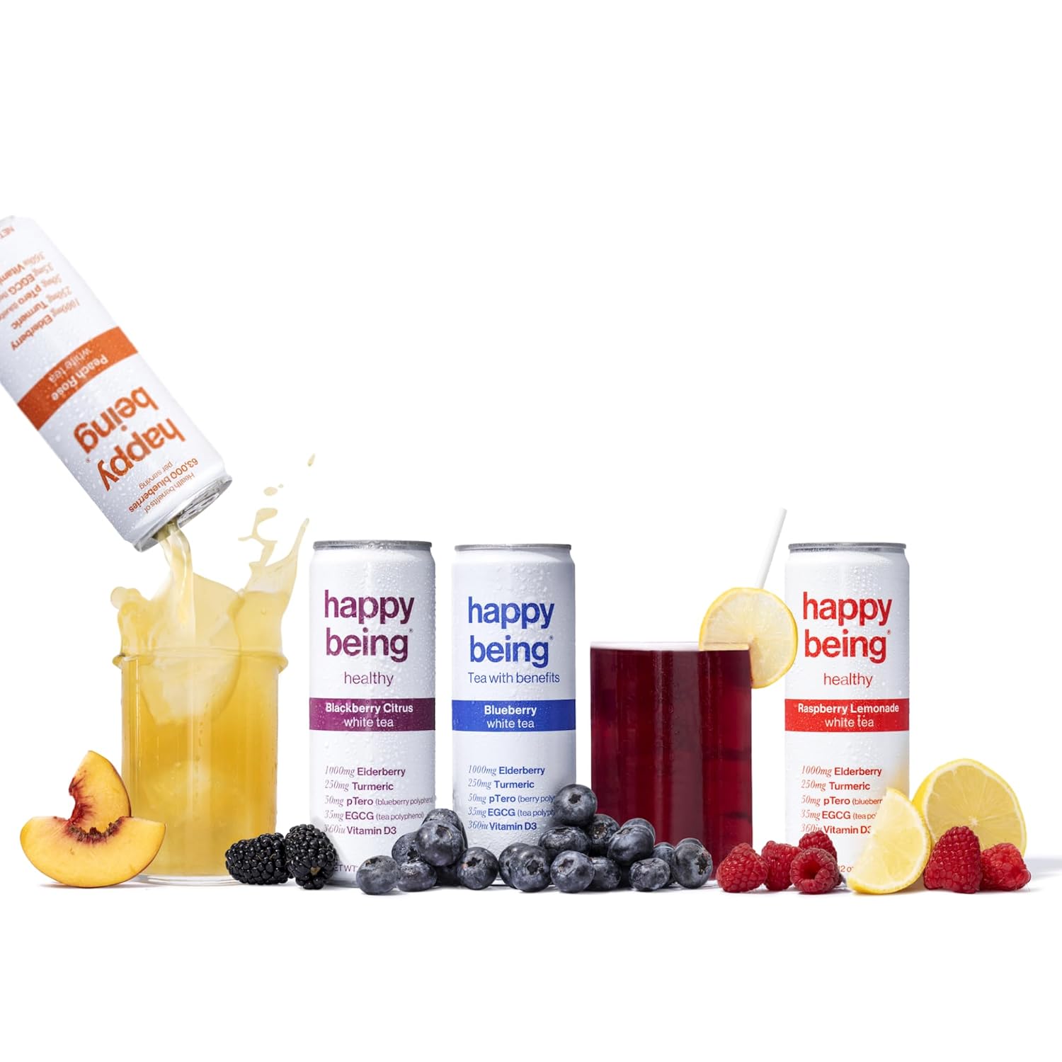 Happy Being Nutrient Rich Organic White Tea Sampler Pack –: Blueberry, Blackberry Citrus, Raspberry Lemonade, Peach Rose -Infused With Turmeric,Elderberry, Vitamin D3, |16 Cans(4 Flavors)