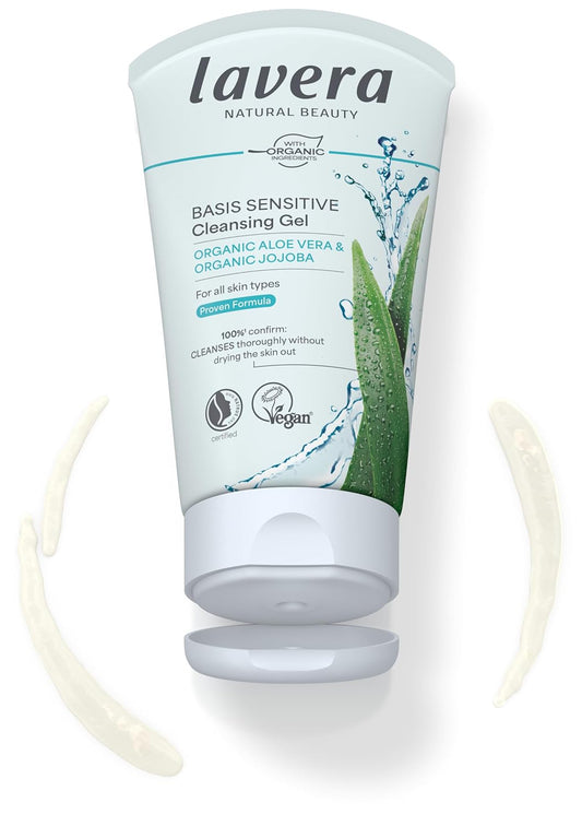 Lavera Basis Sensitiv Wash Gel Aloe Vera & Jojoba - Revitalizes & Refreshes - Vegan Plant Active Ingredients - Natural Cosmetics - Natural & Innovative Facial Cleansing - 4.2 Fl Oz
