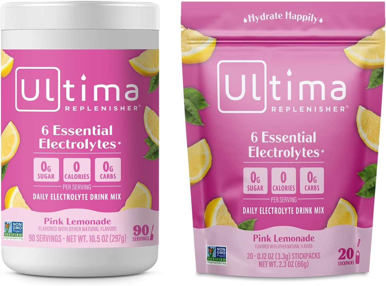 Ultima Replenisher Electrolyte Drink Mix Bundle – Pink Lemonade, 90 Serving Canister & 20 Stickpacks – 6 Electrolytes & Minerals – Keto Friendly, Vegan, Non-Gmo & Sugar-Free Electrolyte Powder