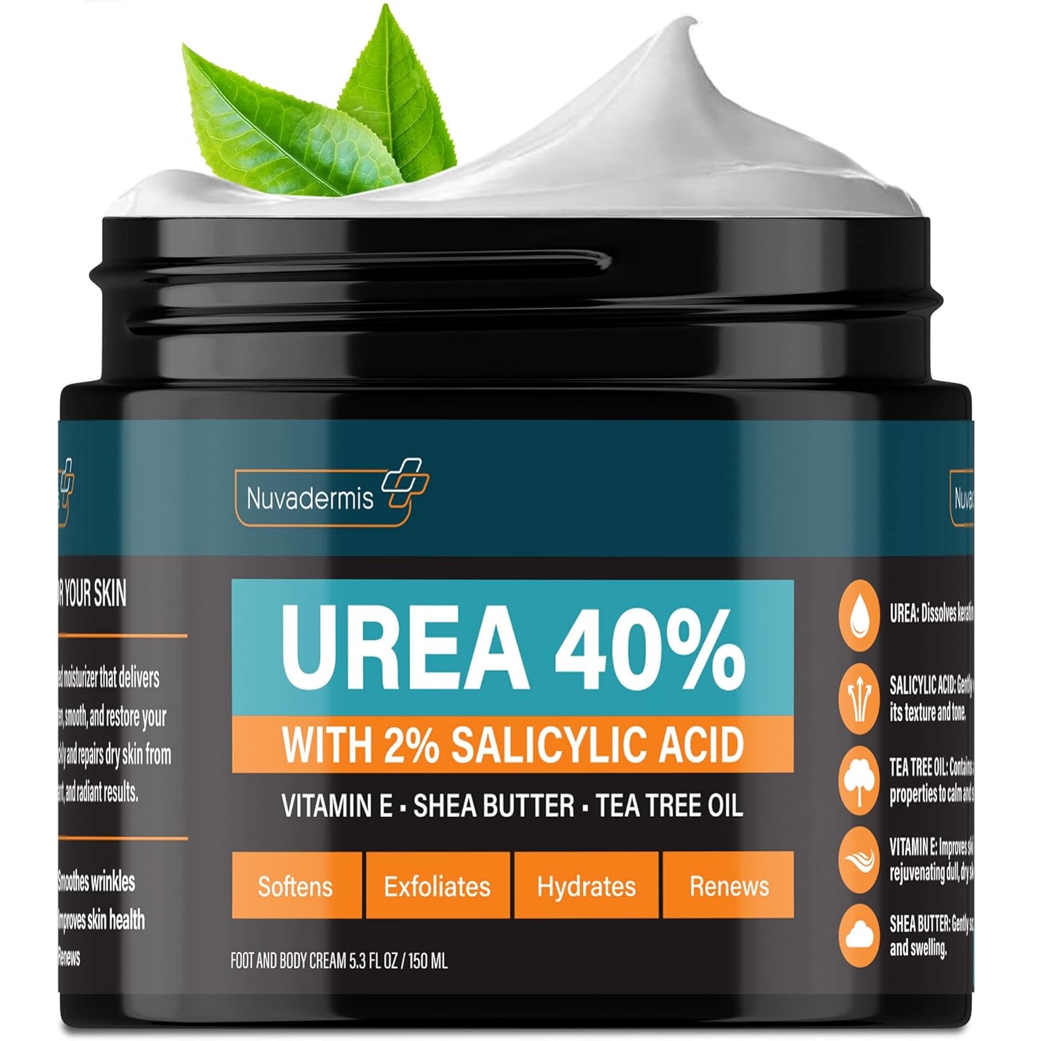 Nuvadermis Urea Cream 40 Percent For Feet - 40% Urea Foot Repair Lotion - Maximum Strength For Dry Cracked Heels - 2% Salicylic Acid, Shea Butter, Tea Tree Oil, Vitamin E - 5.29 Oz Jar