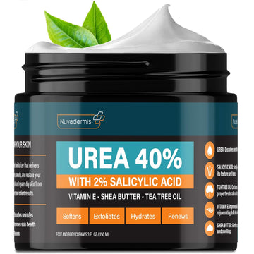 Nuvadermis Urea Cream 40 Percent For Feet - 40% Urea Foot Repair Lotion - Maximum Strength For Dry Cracked Heels - 2% Salicylic Acid, Shea Butter, Tea Tree Oil, Vitamin E - 5.29 Oz Jar