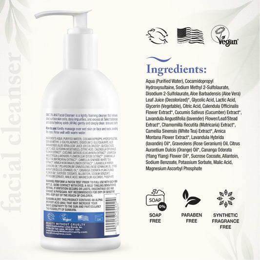 Beauty Without Cruelty Aha Facial Cleanser – Exfoliating Face Wash With Botanicals & Essential Oils, Benefits Normal To Oily Skin, Vegan-Friendly & Cruelty-Free, 8.5 Fl Oz