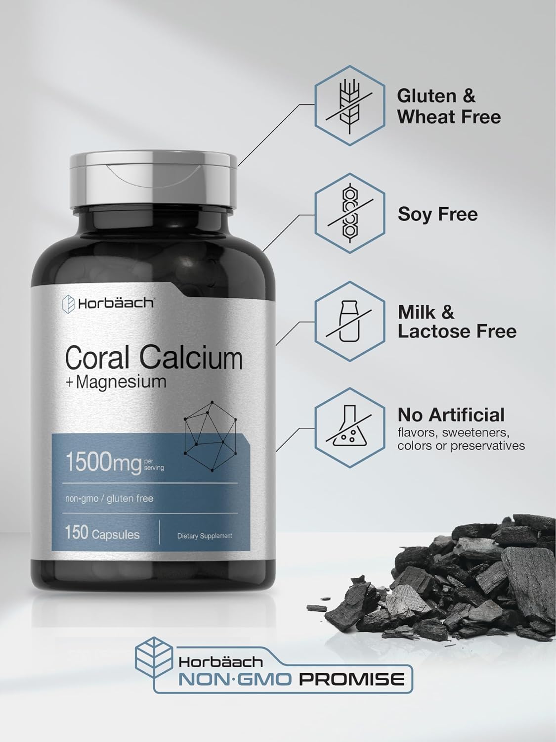 Horbäach Coral Calcium 1500mg 150 Capsules | Plus Magnesium | Non-GMO, Gluten Free Supplement : Health & Household