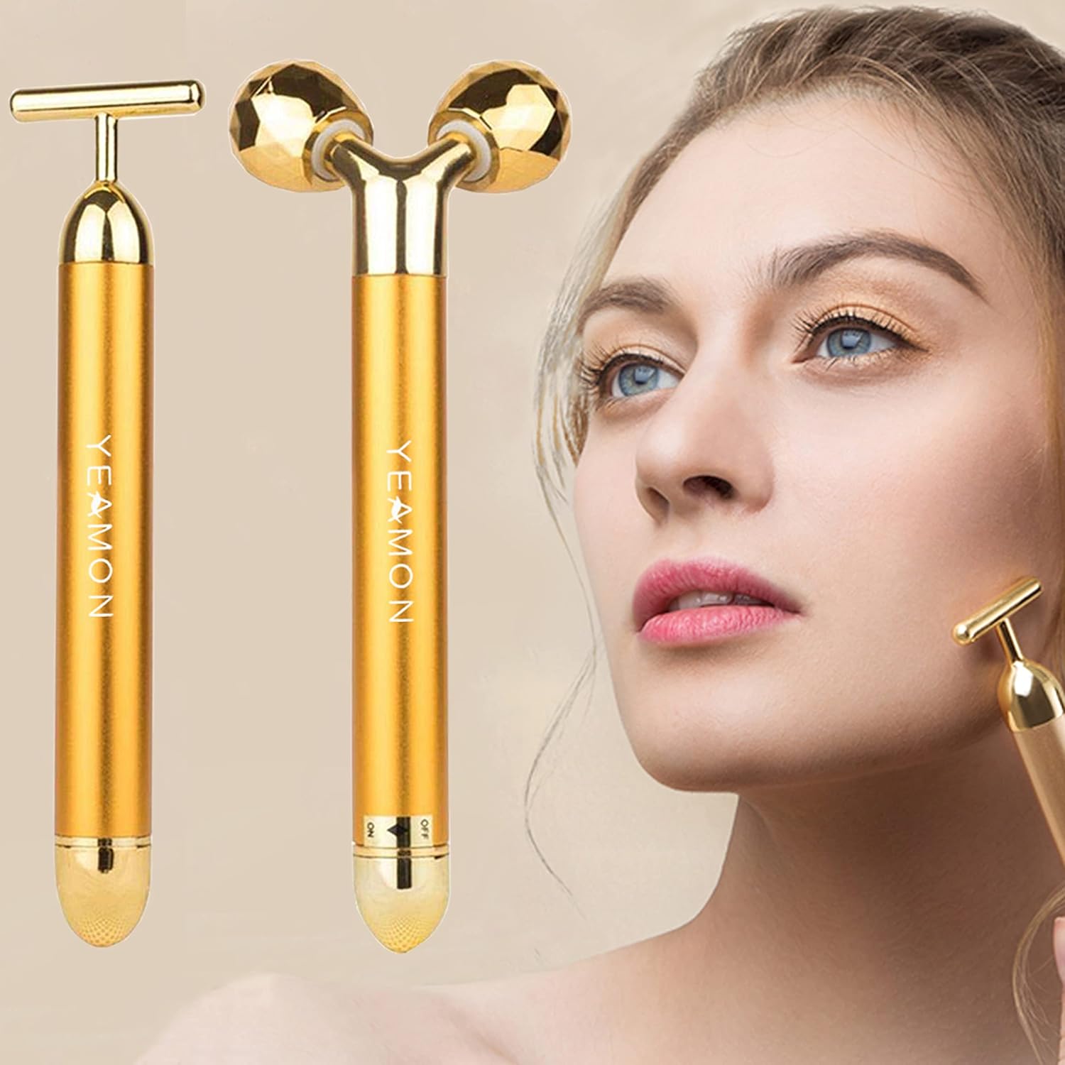 Yeamon 2-In-1 Beauty Bar 24K Golden Pulse Facial Face Massager, 3D Roller Electric Sonic Energy And T Shape Arm Eye Nose Head Massager Instant Face Lift, Anti-Wrinkles, Skin Tightening, Face