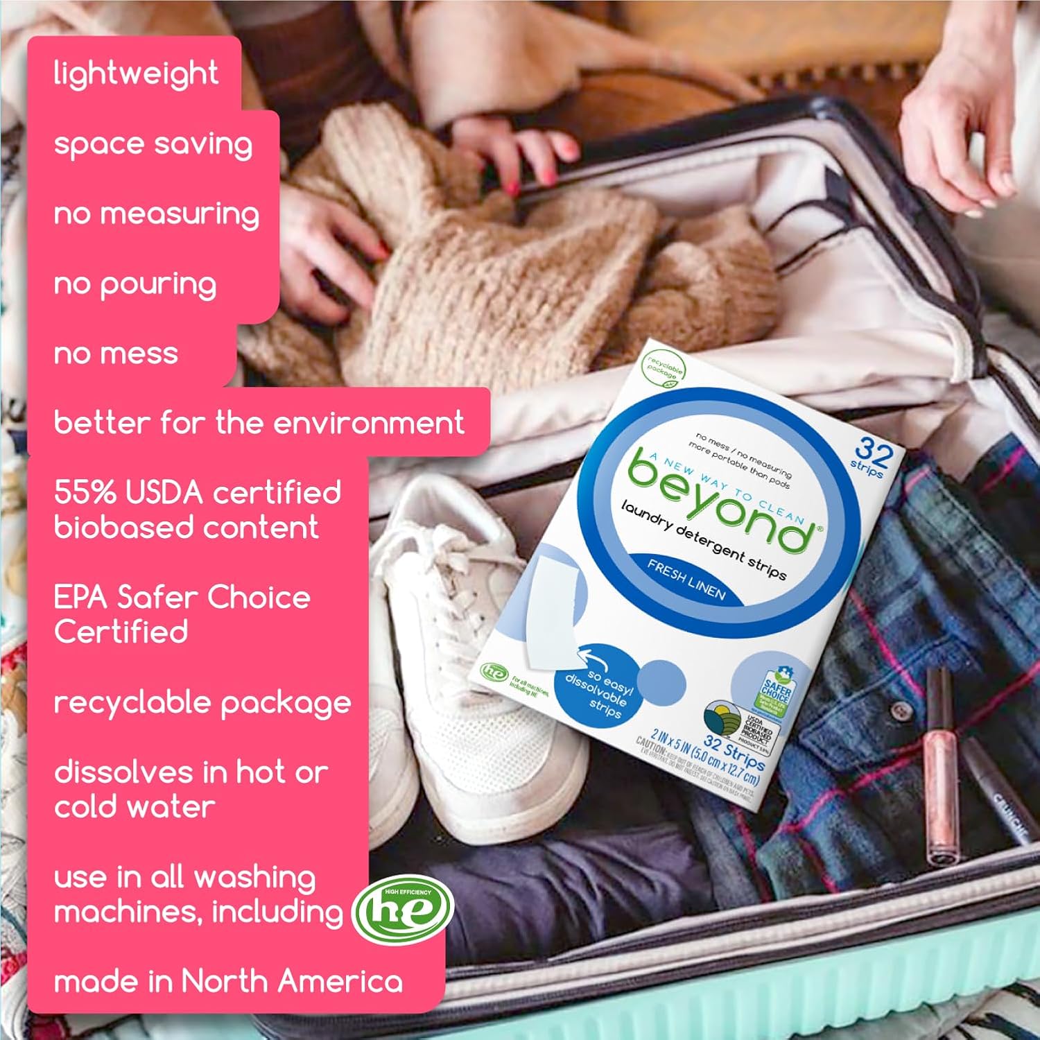 Beyond Laundry Detergent Strips [32 Strips] - Fresh Linen - Eco-Friendly, Hypoallergenic. Travel Friendly. Dissolvable Strips