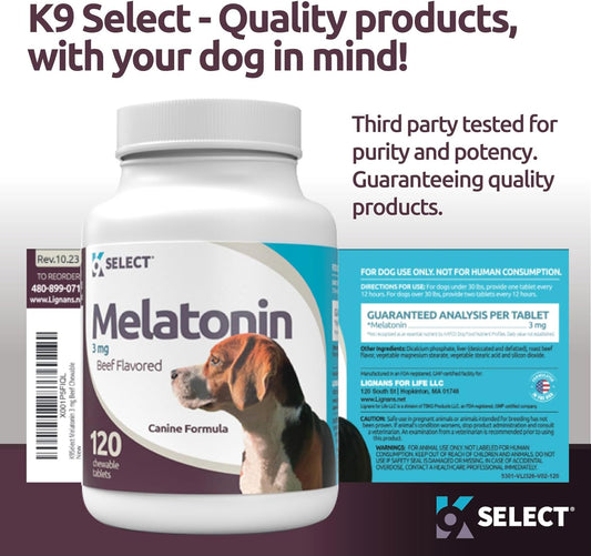 K9 Select Melatonin For Dogs, 3 Mg - 120 Beef Flavored Chewable Tablets - Dog Melatonin For Smaller Breeds - Gentle Well-Being Enhancer - Healthy, Tasty Dog Treats That Promote Overall Health