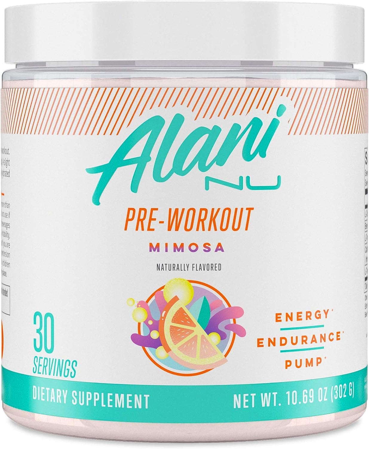Alani Nu Pre Workout Powder Mimosa | Amino Energy Boost | Endurance Supplement | Sugar Free | 200mg Caffeine | L-Theanine, Beta-Alanine, Citrulline | 30 Servings