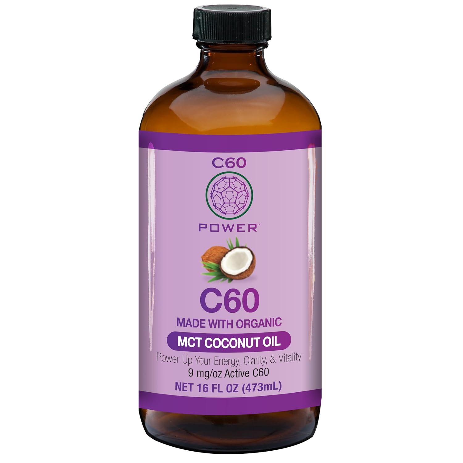 C60 Purple Power Organic Mct Coconut Oil, Organic Cold-Pressed Coconut Oil, 99.99% Pure C60 Carbon Fullerenes (16 Oz)