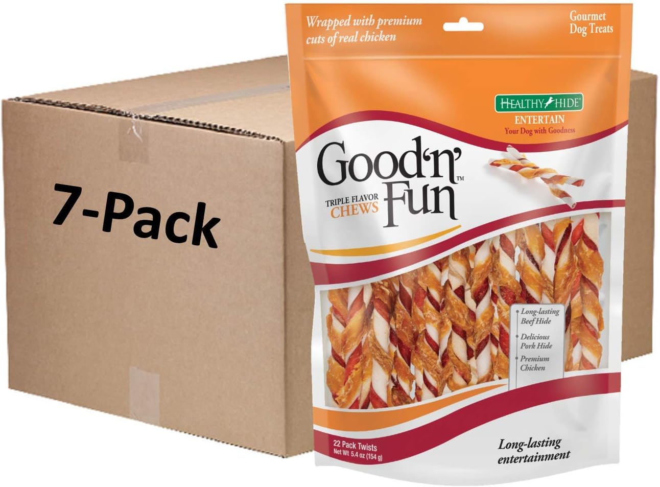 Good 'N' Fun Triple Flavor Twist Rawhide Treats For Dogs, 22 Count (7 Pack)