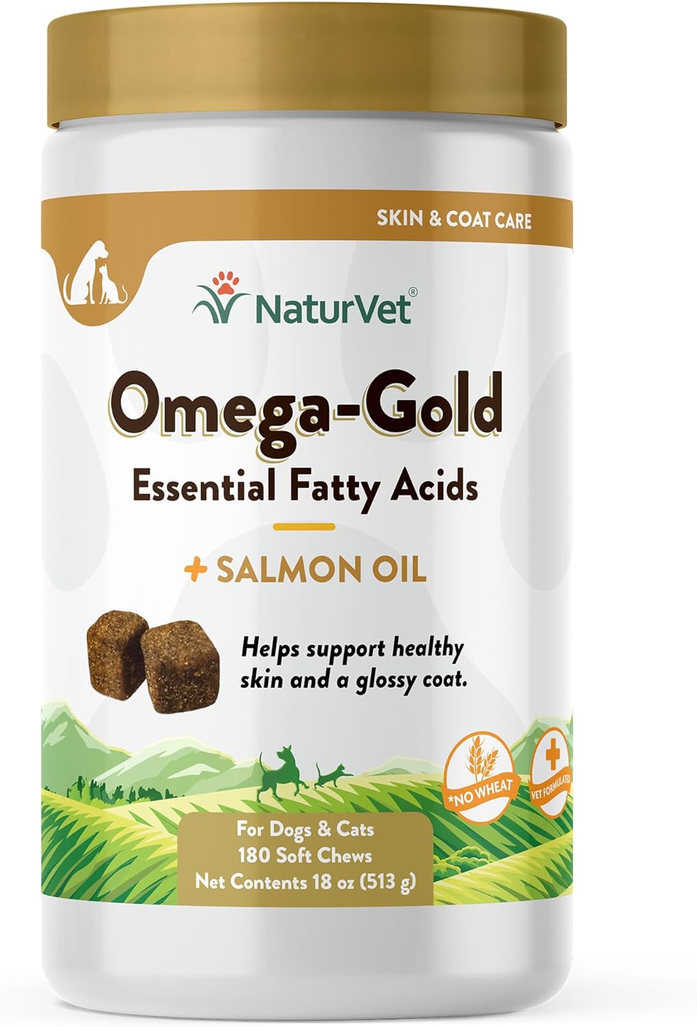 NaturVet – Omega-Gold Plus Salmon Oil | Supports Healthy Skin & Glossy Coat | Enhanced with DHA, EPA, Omega-3 & Omega-6 | for Dogs & Cats | 180 Soft Chews