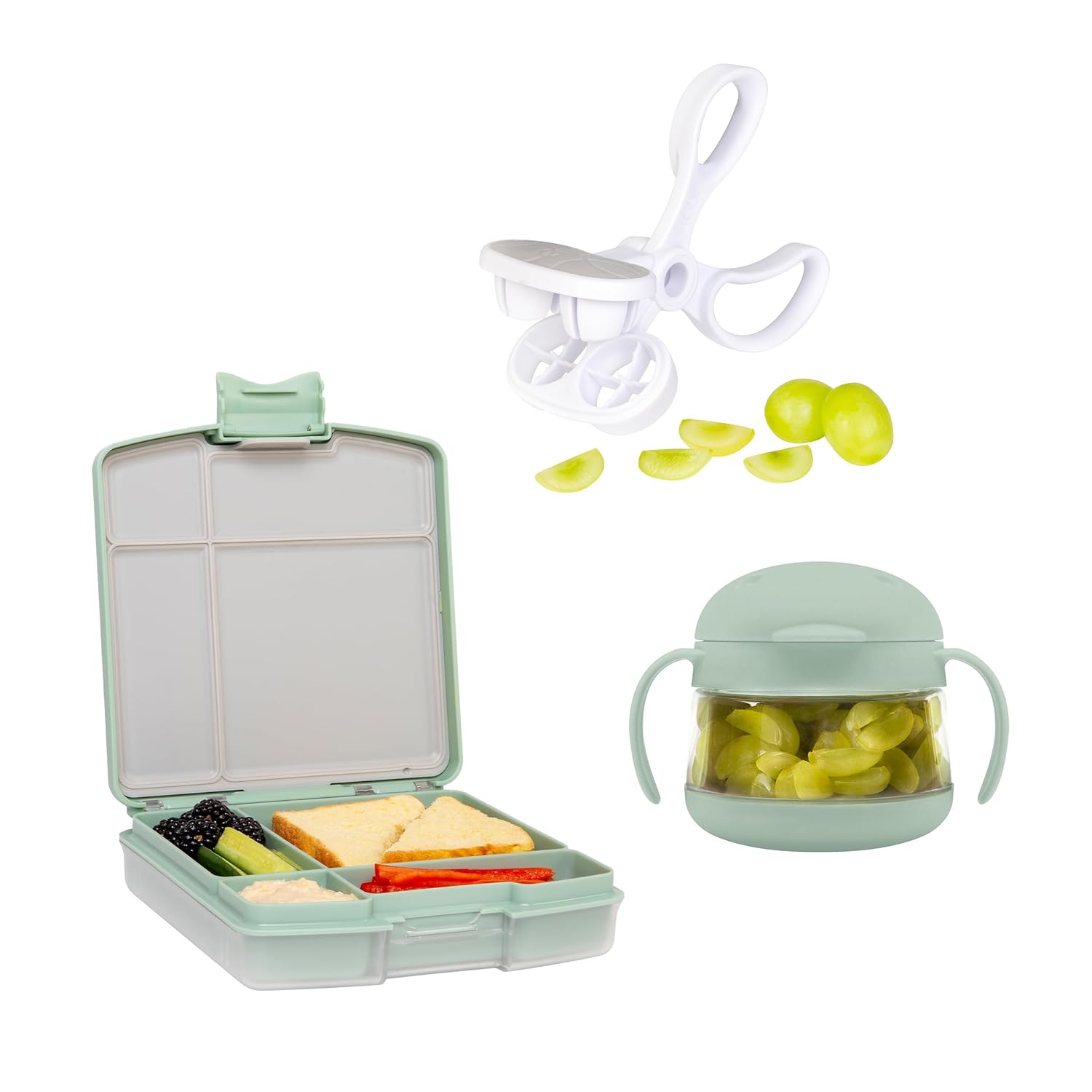 Ubbi Kid Snacking Bundle, Includes Snack Container, Bento Box And Grape Cutter, Sage Green