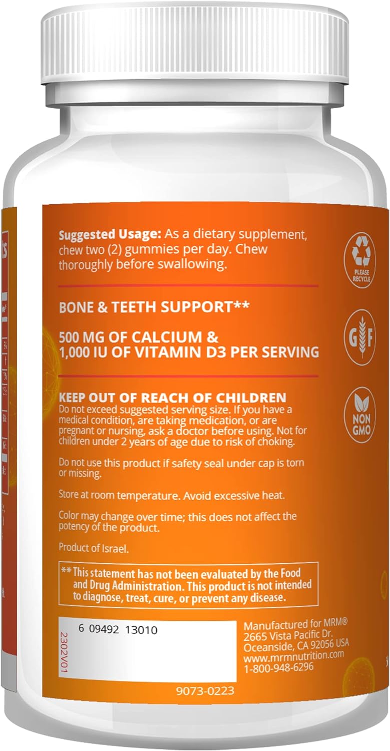 MRM Nutrition Calcium + Vitamin D3 Gummies | 500 mg of Calcium & 1,000 IU of Vitamin D3 per Serving | Bone & Teeth Support* | Natural Orange & Berry Flavored | Non-GMO + Gluten Free | 30 Servings : Health & Household