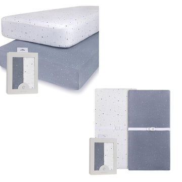 Changing Pad Cover And Crib Sheet Set Bundle (Blue And White Celestial Print)