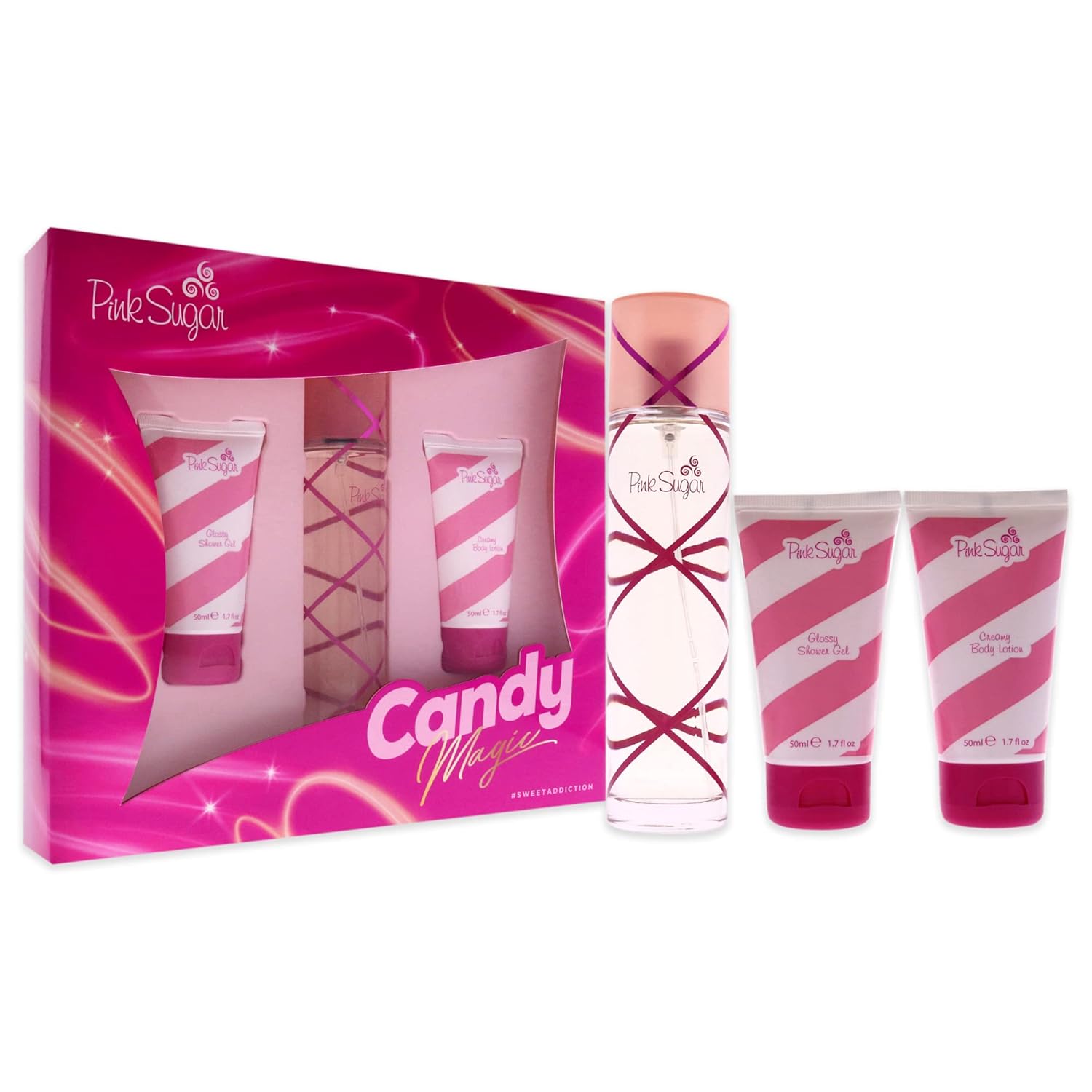 Aquolina Pink Sugar Candy Magic Women 3.4Oz Edt Spray, 1.7Oz Glossy Shower Gel, 1.7Oz Creamy Body Lotion 3 Pc Gift Set