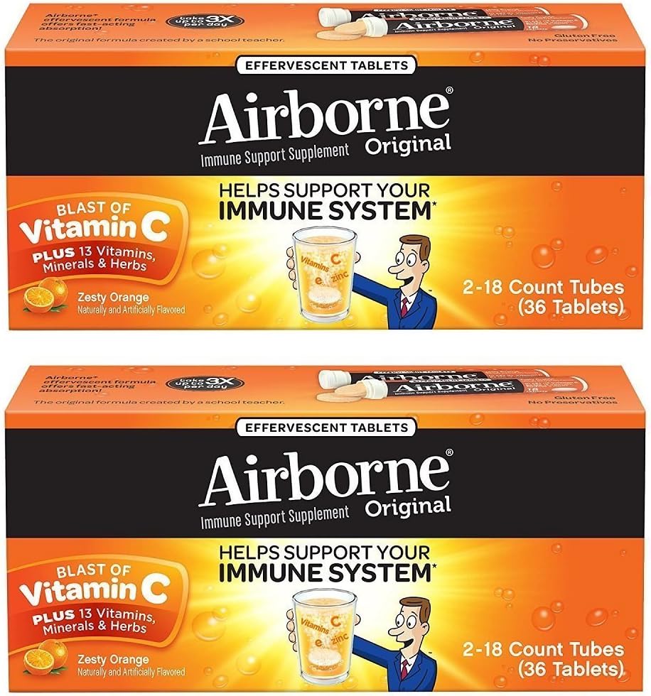 Airborne Zesty Orange Effervescent Tablets Vitamin C 1000mg x 36 Counts (2 Pack)