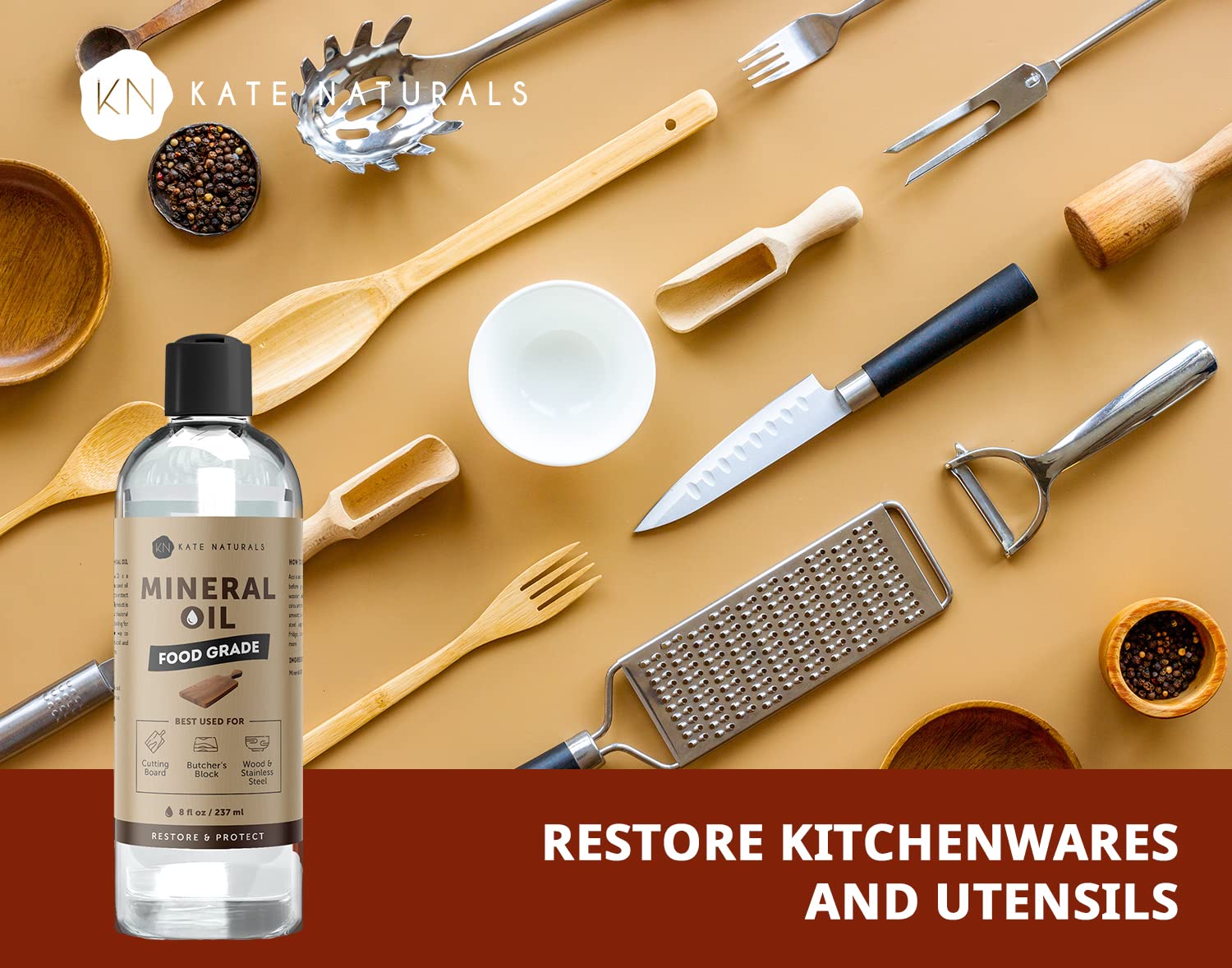 Kate Naturals Mineral Oil For Wood Cutting Board, Butcher Block, And Knife. Substitute For Linseed Oil (8Oz, Food Grade, Food Safe)