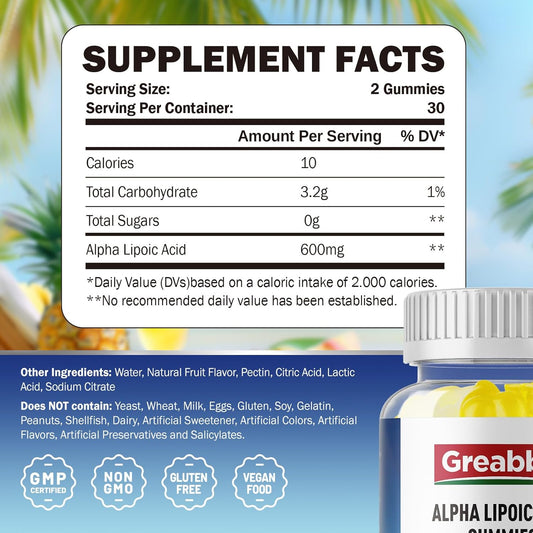 Alpha Lipoic Acid 600Mg Gummies, Sugar Free Chewable R Lipoic Acid Supplement For Antioxidant & Nervous System Support, Brian & Skin Health, Pineapple Flavor, 60 Count