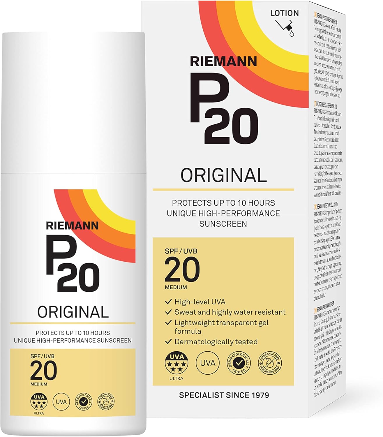 Riemann P20 Original Spf20 Lotion 200Ml, Advanced Sunscreen Protection, High Performance, Triple Protect + Sweat Resistance, Protects Up To 10 Hours, Very Water Resistant, Medium Level Uva Protection