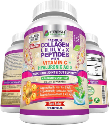 Fresh Healthcare Multi Collagen Pills With Type I, Ii, Iii, V & X Peptides With Vitamin C, Hyaluronic Acid - Supports Healthy Hair, Skin, Nails And Joints - 120 Kosher Capsules