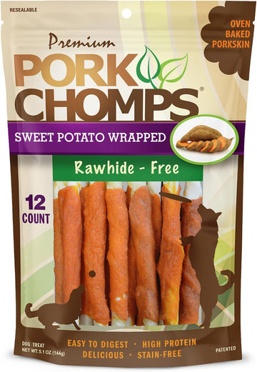 Pork Chomps Baked Pork Skin Dog Chews, 5-Inch Mini Twists, Real Sweet Potato Wrap, 12 Count