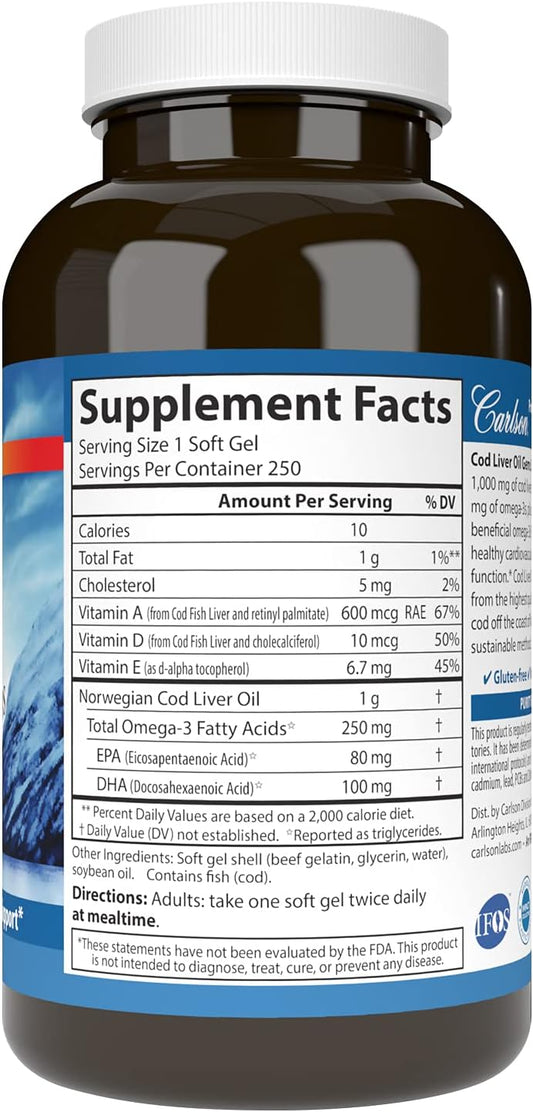 Carlson - Cod Liver Oil Gems, Super 1000 mg, 250 mg Omega-3s + Vitamins A & D3, Wild-Caught Norwegian Arctic Cod-Liver Oil, Sustainably Sourced Nordic Fish Oil Capsules, 250 Softgels