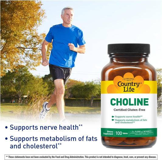 Country Life Choline 266Mg, Certified Gluten Free, Certified Vegan, Certified Halal - 100 Tablets