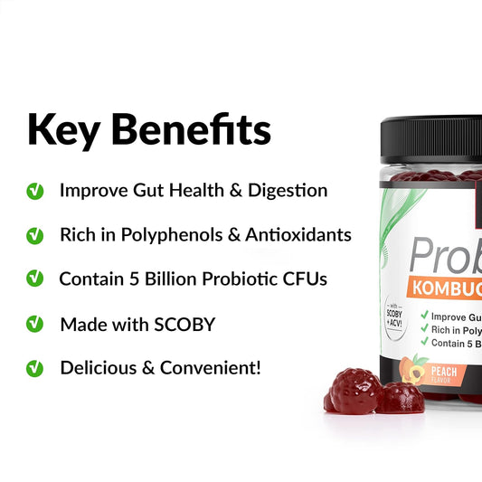 Force Factor Probioslim Kombucha Gummies For Digestive Health, Probiotics For Women And Probiotics For Men Made With 5 Billion Cfus, Kombucha Scoby Probiotic Gummies, Peach, 60 Gummies