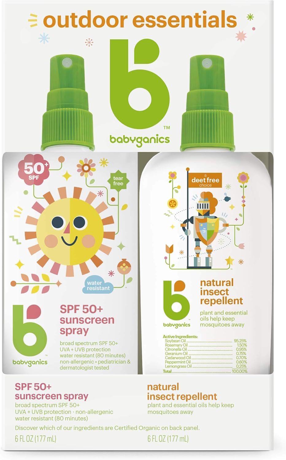 Babyganics 50 Spf Baby Sunscreen Spray And Bug Spray | Octinoxate & Oxybenzone Free | Deet Free, 6Oz Each, Combo 2 Pack