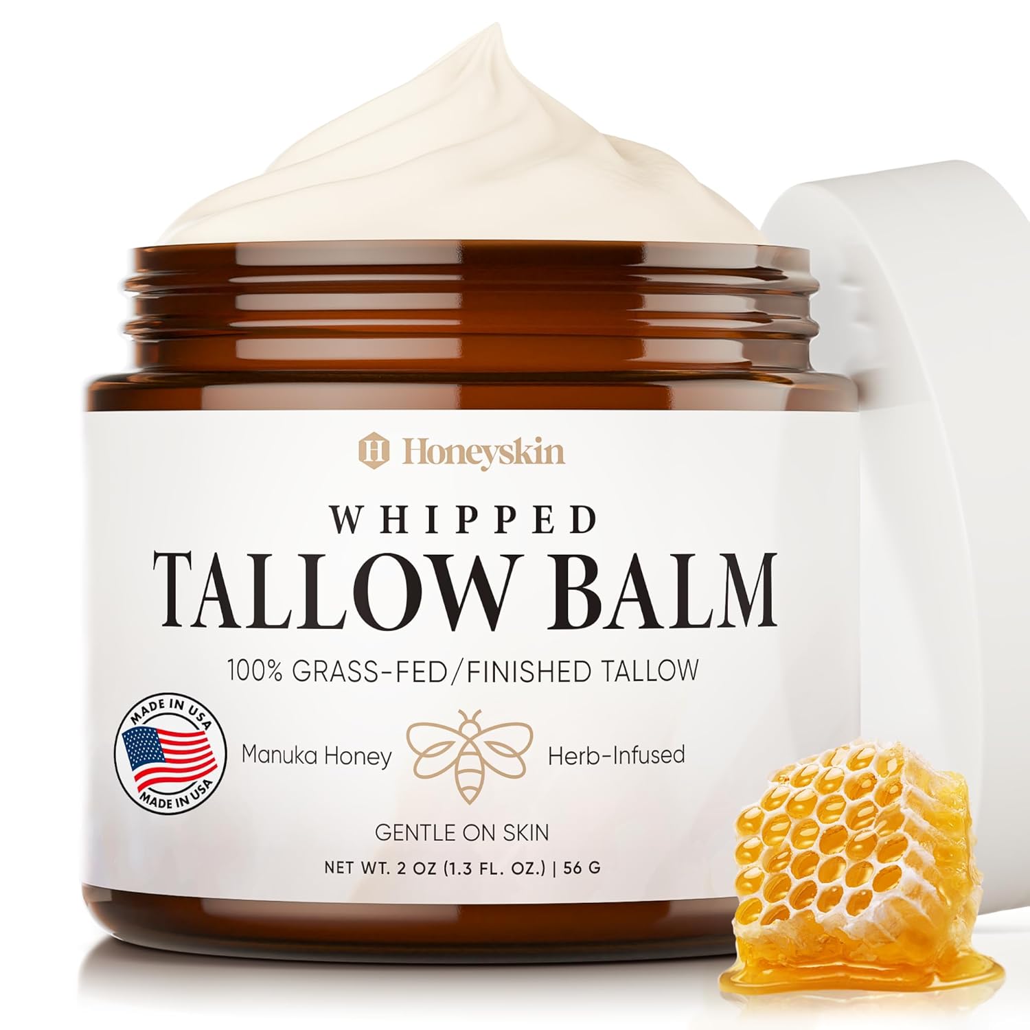 Honeyskin Whipped Tallow And Honey Balm – 100% Grass-Fed All Natural Mountain Beef Tallow For Skin Face Moisturizer – Nourishing, Hydrating Balm For Dry, Sensitive Skin – Gentle Soothing Care, 2Oz