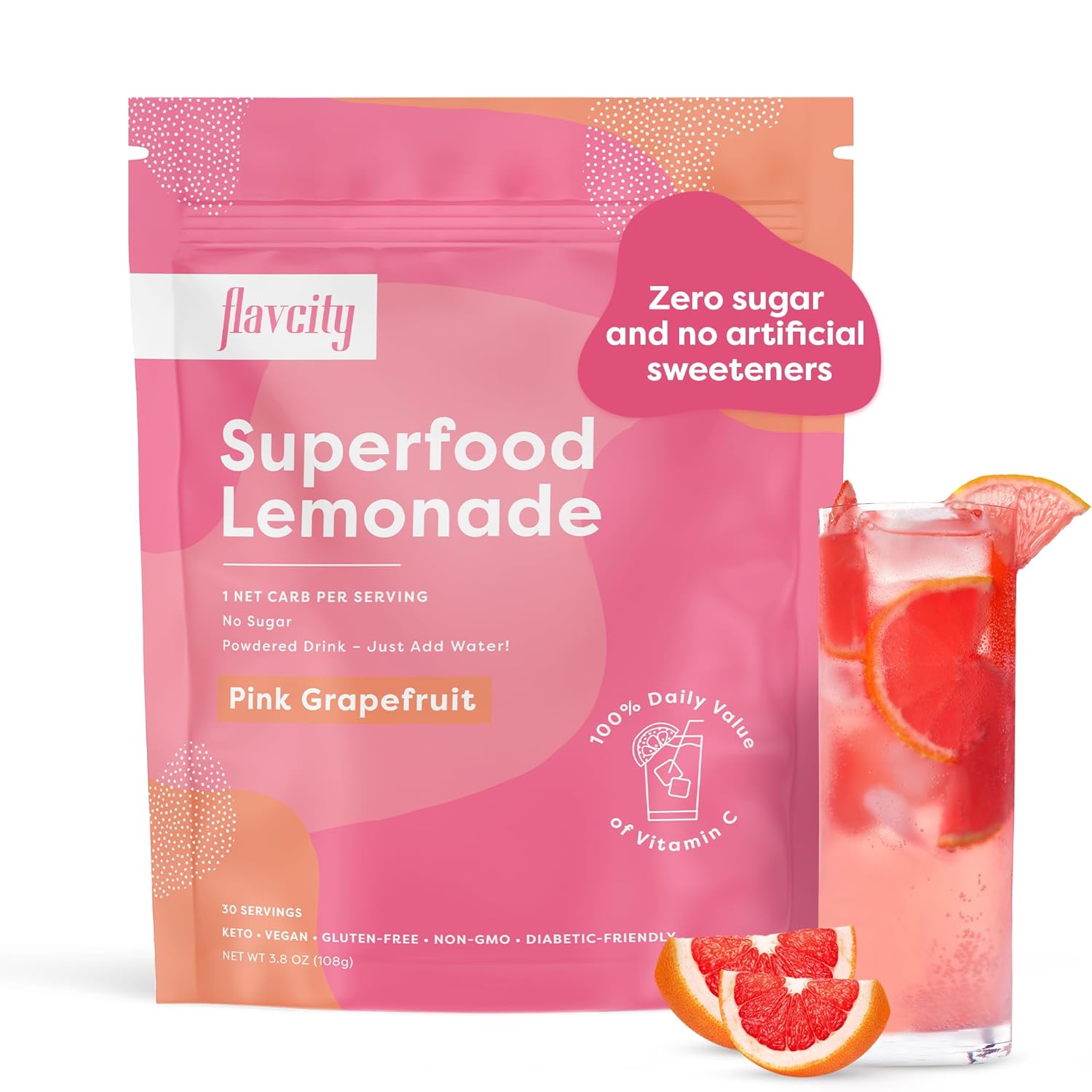 FlavCity Superfood Lemonade Pink Grapefruit Powdered Drink, 30 Servings – Sugar-Free Lemonade Powder Drink Mix - Keto, Vegan, Gluten-Free & Non-GMO
