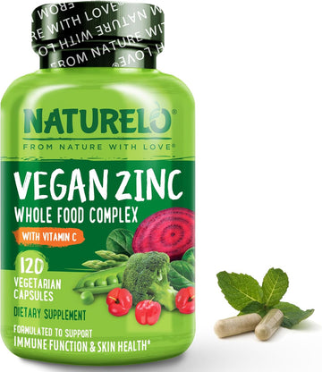 Naturelo Vegan Zinc Whole Food Complex Supplement With Vitamin C For Immune Support And Healthy Skin, Hair, And Nails - 120 Capsules