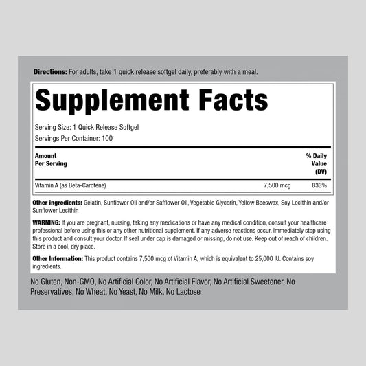 Piping Rock Beta Carotene 25000 Iu Softgels | 7500 Mcg | 100 Count | Vitamin A Supplement | Non-Gmo, Gluten Free