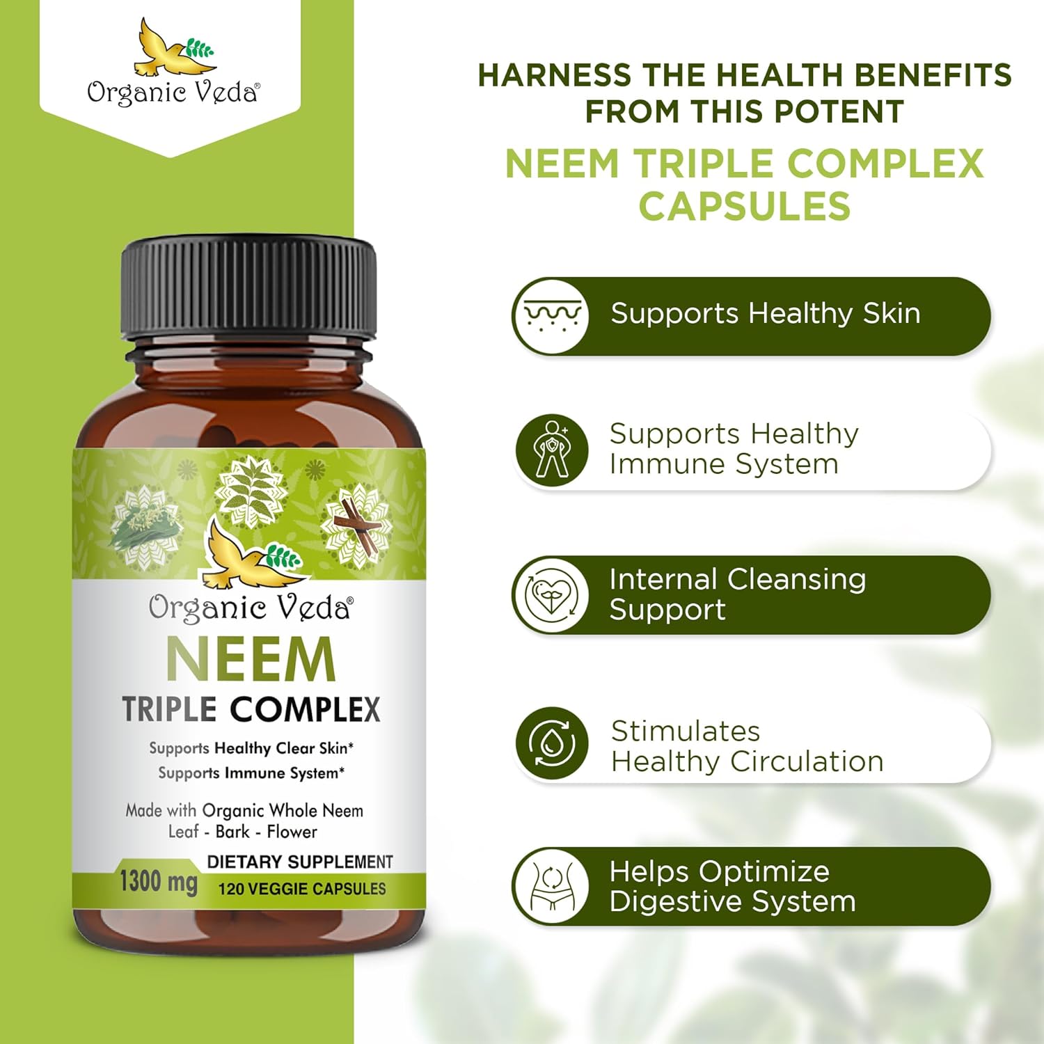 Organic Veda Neem Capsules, Triple Complex Neem Formula with Organic Neem Leaf Extract, Bark & Flower - Herbal Supplements for Clear Skin, Cleanse & Immunity - 120 Vegan Capsules : Health & Household