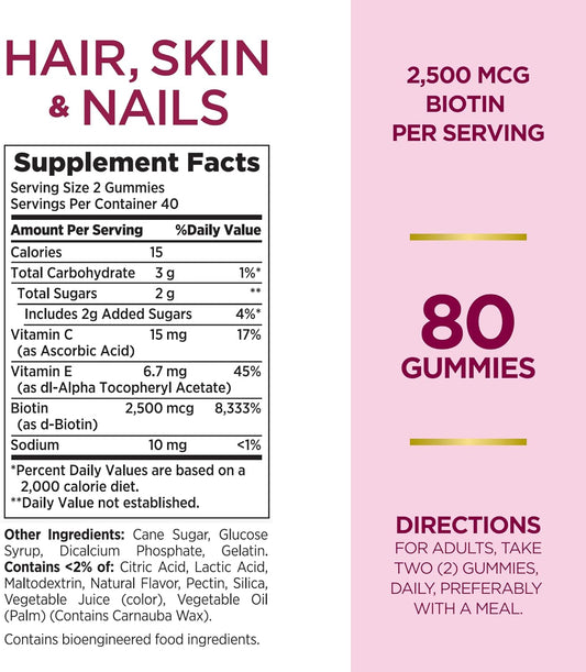 Nature'S Bounty Optimal Solutions Hair, Skin & Nails Vitamin Gummies With Biotin, 2500 Mcg, Strawberry, 80 Count
