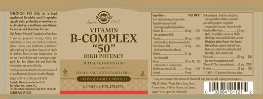 Solgar Bcomplex “50” Vegetable Capsules Energy Metabolism Cardiovascular Support Nervous System Support Nongmo Vegan Gluten Free Dairy Free Kosher Halal Servings, Standard Packagaing, 100 Count